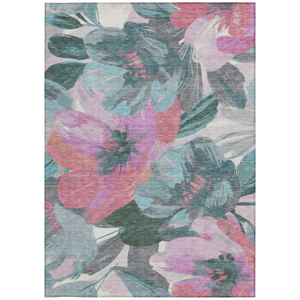 HomeRoots 5' Teal Blue and Aqua Floral Area Rug - Durable, Washable Design for Indoor and Outdoor Spaces 10' X 14' 611101