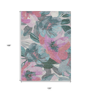 HomeRoots 5' Teal Blue and Aqua Floral Area Rug - Durable, Washable Design for Indoor and Outdoor Spaces 10' X 14' 611101