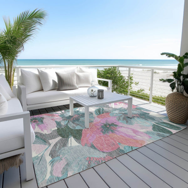 HomeRoots 5' Teal Blue and Aqua Floral Area Rug - Durable, Washable Design for Indoor and Outdoor Spaces 10' X 14' 611101