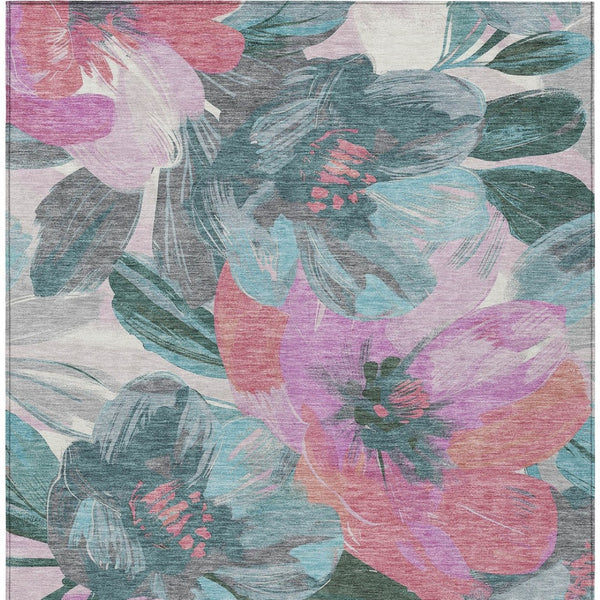 HomeRoots 5' Teal Blue and Aqua Floral Area Rug - Durable, Washable Design for Indoor and Outdoor Spaces 10' X 14' 611101