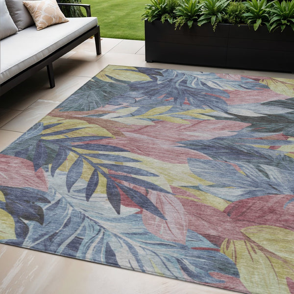 HomeRoots 5' Denim Blue and Blush Floral Area Rug - Stylish, Washable, Indoor/Outdoor, Durable Design for Every Home 5' X 8' 611103