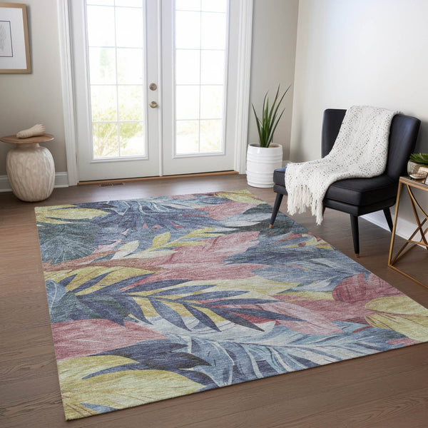 HomeRoots 5' Denim Blue and Blush Floral Area Rug - Stylish, Washable, Indoor/Outdoor, Durable Design for Every Home 5' X 8' 611103