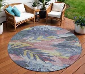 HomeRoots 5' Denim Blue and Blush Floral Area Rug - Stylish, Washable, Indoor/Outdoor, Durable Design for Every Home 8' Round 611104