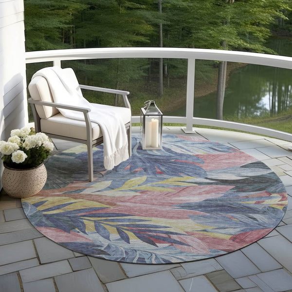 HomeRoots 5' Denim Blue and Blush Floral Area Rug - Stylish, Washable, Indoor/Outdoor, Durable Design for Every Home 8' Round 611104