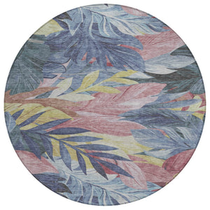 HomeRoots 5' Denim Blue and Blush Floral Area Rug - Stylish, Washable, Indoor/Outdoor, Durable Design for Every Home 8' Round 611104