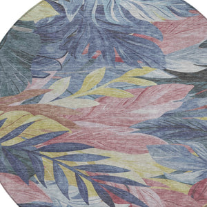 HomeRoots 5' Denim Blue and Blush Floral Area Rug - Stylish, Washable, Indoor/Outdoor, Durable Design for Every Home 8' Round 611104