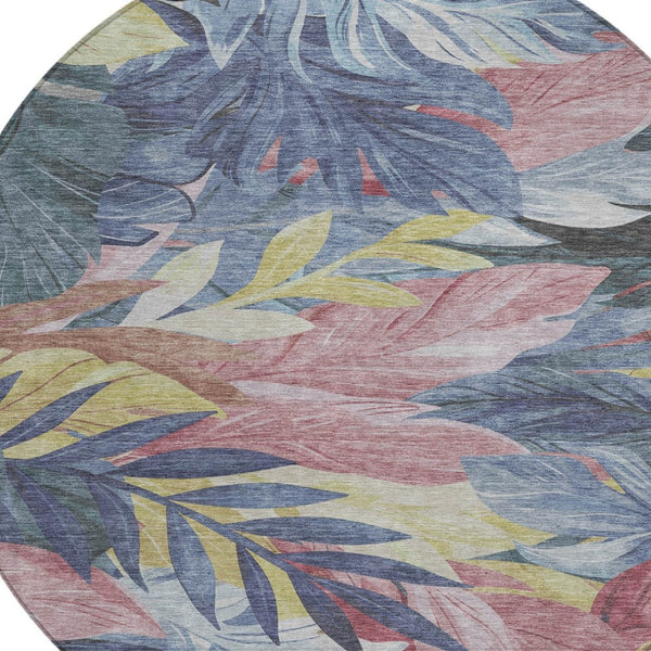 HomeRoots 5' Denim Blue and Blush Floral Area Rug - Stylish, Washable, Indoor/Outdoor, Durable Design for Every Home 8' Round 611104