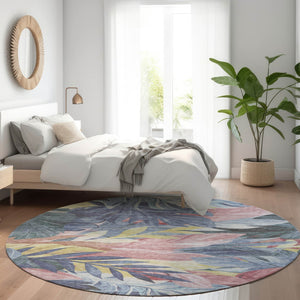 HomeRoots 5' Denim Blue and Blush Floral Area Rug - Stylish, Washable, Indoor/Outdoor, Durable Design for Every Home 8' Round 611104