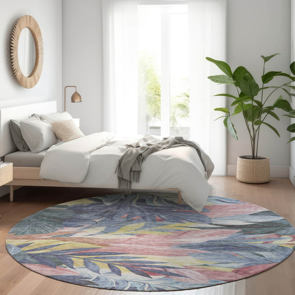 HomeRoots 5' Denim Blue and Blush Floral Area Rug - Stylish, Washable, Indoor/Outdoor, Durable Design for Every Home 8' Round 611104
