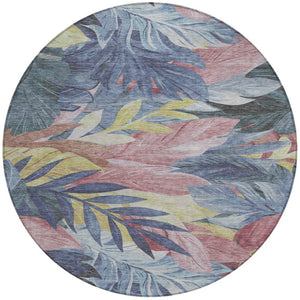 HomeRoots 5' Denim Blue and Blush Floral Area Rug - Stylish, Washable, Indoor/Outdoor, Durable Design for Every Home 8' Round 611104