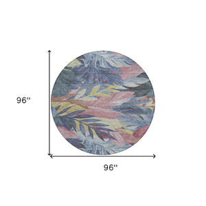 HomeRoots 5' Denim Blue and Blush Floral Area Rug - Stylish, Washable, Indoor/Outdoor, Durable Design for Every Home 8' Round 611104
