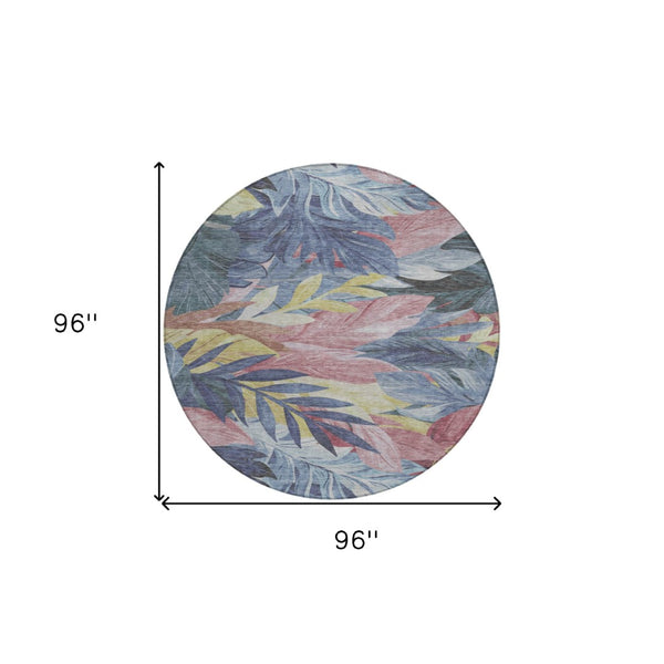 HomeRoots 5' Denim Blue and Blush Floral Area Rug - Stylish, Washable, Indoor/Outdoor, Durable Design for Every Home 8' Round 611104