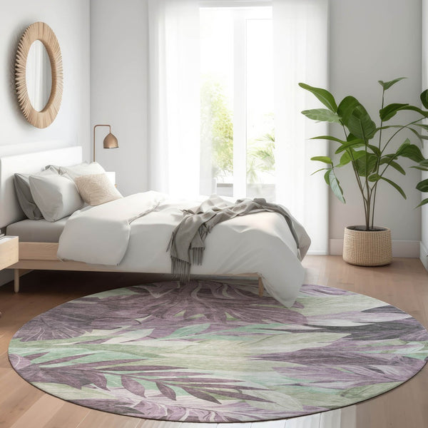 HomeRoots 5' Vibrant Lavender and Lilac Floral Washable Area Rug for Indoor and Outdoor Elegance and Durability 8' Round 611116