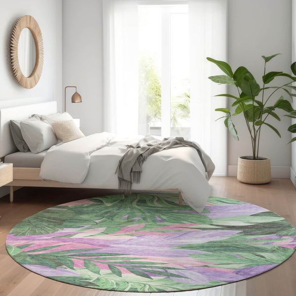HomeRoots 5' Sage and Mint Green Floral Washable Area Rug - Versatile Indoor/Outdoor Design for Every Space 8' Round 611122