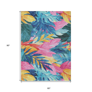 HomeRoots 5' Sky Blue and Pink Floral Area Rug – Durable, Washable Design for Indoor and Outdoor Use, Stylish Decor 5' X 8' 611127