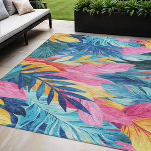 HomeRoots 5' Sky Blue and Pink Floral Area Rug – Durable, Washable Design for Indoor and Outdoor Use, Stylish Decor 5' X 8' 611127