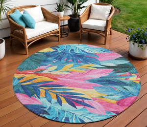 HomeRoots 5' Sky Blue and Pink Floral Area Rug – Durable, Washable Design for Indoor and Outdoor Use, Stylish Decor 8' Round 611128