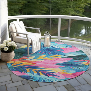 HomeRoots 5' Sky Blue and Pink Floral Area Rug – Durable, Washable Design for Indoor and Outdoor Use, Stylish Decor 8' Round 611128