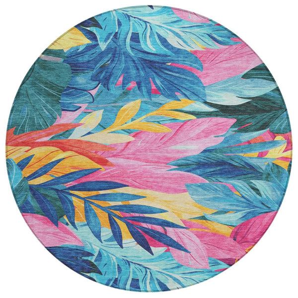 HomeRoots 5' Sky Blue and Pink Floral Area Rug – Durable, Washable Design for Indoor and Outdoor Use, Stylish Decor 8' Round 611128