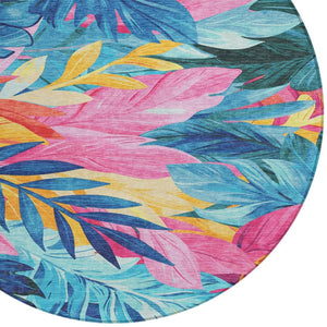 HomeRoots 5' Sky Blue and Pink Floral Area Rug – Durable, Washable Design for Indoor and Outdoor Use, Stylish Decor 8' Round 611128
