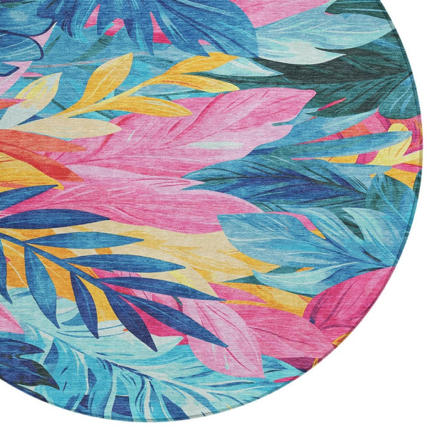 HomeRoots 5' Sky Blue and Pink Floral Area Rug – Durable, Washable Design for Indoor and Outdoor Use, Stylish Decor 8' Round 611128