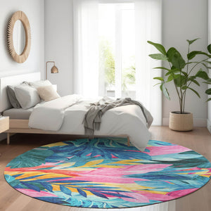 HomeRoots 5' Sky Blue and Pink Floral Area Rug – Durable, Washable Design for Indoor and Outdoor Use, Stylish Decor 8' Round 611128