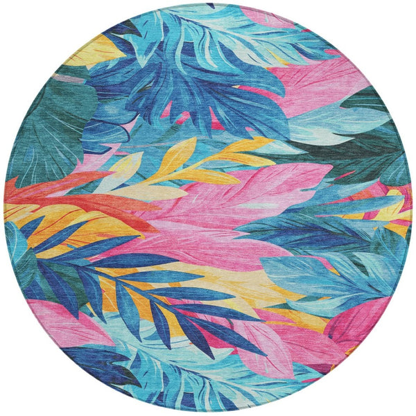 HomeRoots 5' Sky Blue and Pink Floral Area Rug – Durable, Washable Design for Indoor and Outdoor Use, Stylish Decor 8' Round 611128