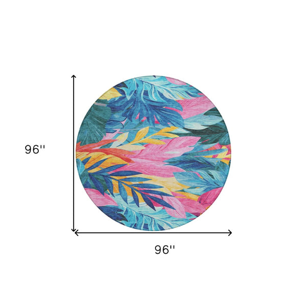 HomeRoots 5' Sky Blue and Pink Floral Area Rug – Durable, Washable Design for Indoor and Outdoor Use, Stylish Decor 8' Round 611128