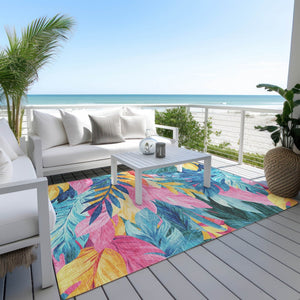 HomeRoots 5' Sky Blue and Pink Floral Area Rug – Durable, Washable Design for Indoor and Outdoor Use, Stylish Decor 8' X 10' 611129