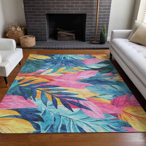 HomeRoots 5' Sky Blue and Pink Floral Area Rug – Durable, Washable Design for Indoor and Outdoor Use, Stylish Decor 8' X 10' 611129