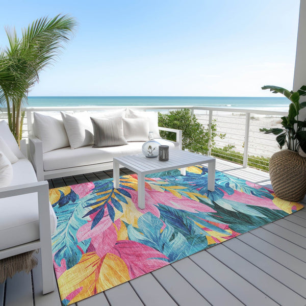 HomeRoots 5' Sky Blue and Pink Floral Area Rug – Durable, Washable Design for Indoor and Outdoor Use, Stylish Decor 9' X 12' 611130