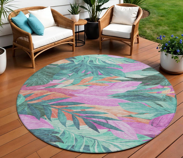 HomeRoots 5' Teal Blue Aqua Floral Indoor Outdoor Area Rug - Durable, Washable, Perfect for Coastal Décor 8' Round 611134