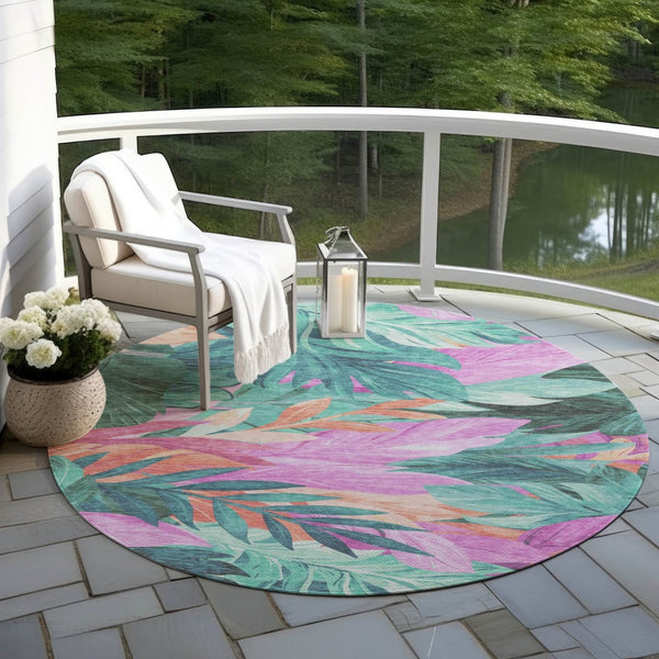 HomeRoots 5' Teal Blue Aqua Floral Indoor Outdoor Area Rug - Durable, Washable, Perfect for Coastal Décor 8' Round 611134