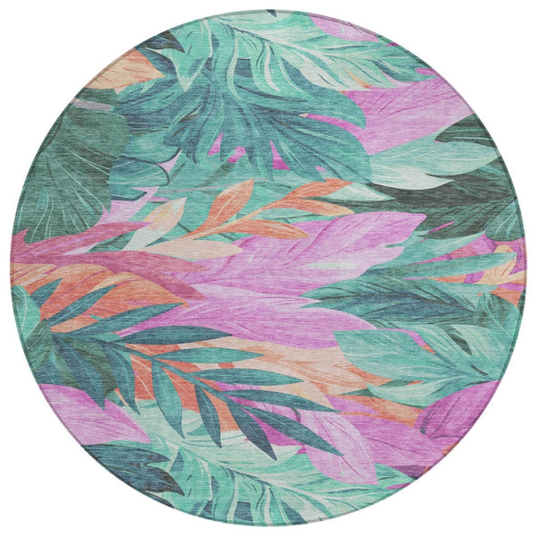 HomeRoots 5' Teal Blue Aqua Floral Indoor Outdoor Area Rug - Durable, Washable, Perfect for Coastal Décor 8' Round 611134