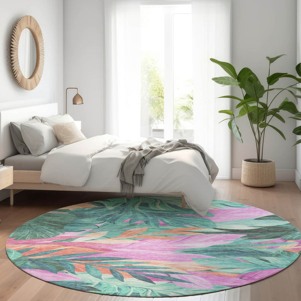 HomeRoots 5' Teal Blue Aqua Floral Indoor Outdoor Area Rug - Durable, Washable, Perfect for Coastal Décor 8' Round 611134