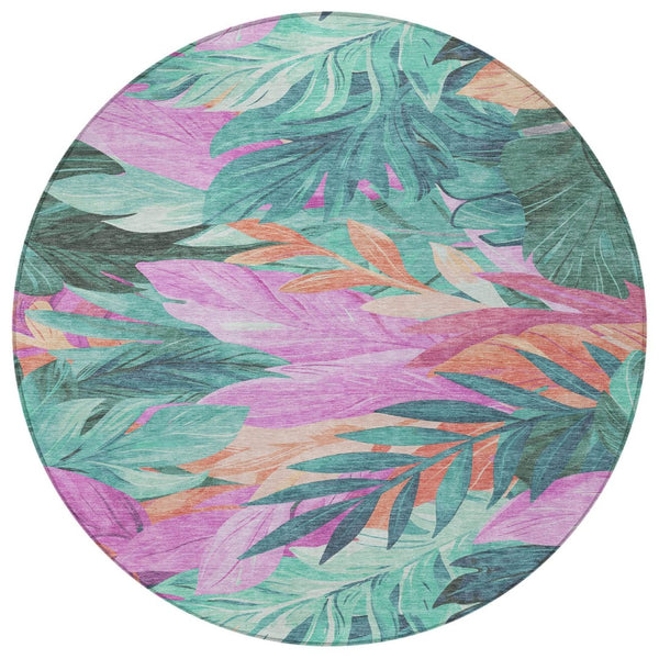 HomeRoots 5' Teal Blue Aqua Floral Indoor Outdoor Area Rug - Durable, Washable, Perfect for Coastal Décor 8' Round 611134