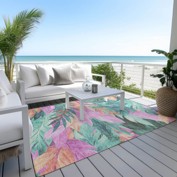 HomeRoots 5' Teal Blue Aqua Floral Indoor Outdoor Area Rug - Durable, Washable, Perfect for Coastal Décor 9' X 12' 611136