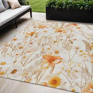 HomeRoots 5' Elegant Floral Area Rug - Ivory & Beige Washable Design for Indoor & Outdoor Spaces, Durable Style 5' X 8' 611145