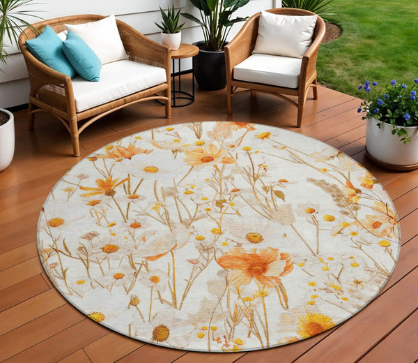 HomeRoots 5' Elegant Floral Area Rug - Ivory & Beige Washable Design for Indoor & Outdoor Spaces, Durable Style 8' Round 611146