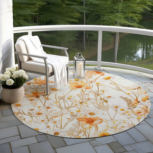HomeRoots 5' Elegant Floral Area Rug - Ivory & Beige Washable Design for Indoor & Outdoor Spaces, Durable Style 8' Round 611146