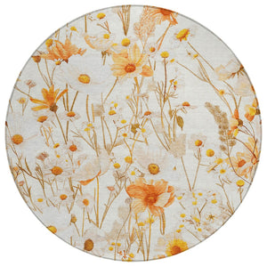 HomeRoots 5' Elegant Floral Area Rug - Ivory & Beige Washable Design for Indoor & Outdoor Spaces, Durable Style 8' Round 611146