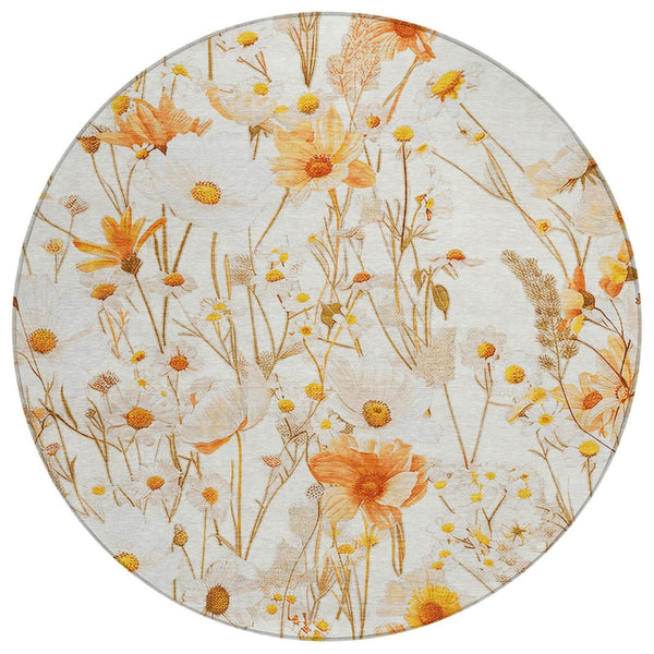 HomeRoots 5' Elegant Floral Area Rug - Ivory & Beige Washable Design for Indoor & Outdoor Spaces, Durable Style 8' Round 611146