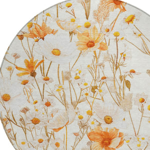 HomeRoots 5' Elegant Floral Area Rug - Ivory & Beige Washable Design for Indoor & Outdoor Spaces, Durable Style 8' Round 611146