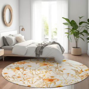 HomeRoots 5' Elegant Floral Area Rug - Ivory & Beige Washable Design for Indoor & Outdoor Spaces, Durable Style 8' Round 611146