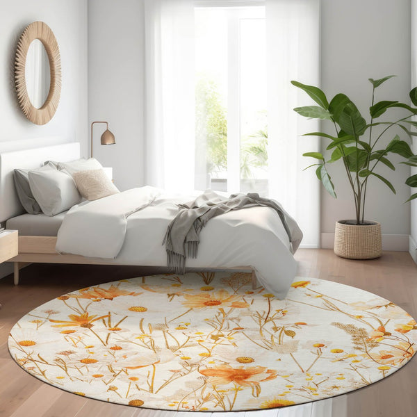 HomeRoots 5' Elegant Floral Area Rug - Ivory & Beige Washable Design for Indoor & Outdoor Spaces, Durable Style 8' Round 611146