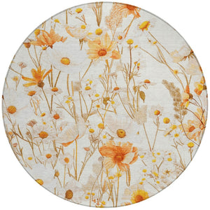 HomeRoots 5' Elegant Floral Area Rug - Ivory & Beige Washable Design for Indoor & Outdoor Spaces, Durable Style 8' Round 611146
