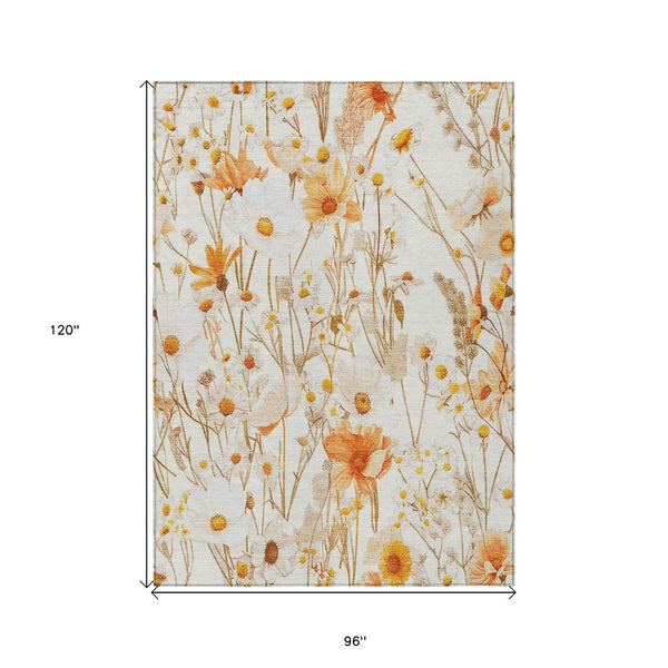 HomeRoots 5' Elegant Floral Area Rug - Ivory & Beige Washable Design for Indoor & Outdoor Spaces, Durable Style 8' X 10' 611147
