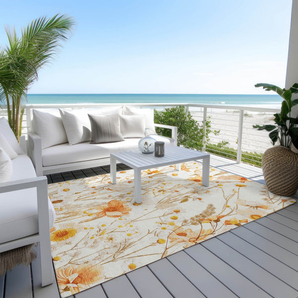 HomeRoots 5' Elegant Floral Area Rug - Ivory & Beige Washable Design for Indoor & Outdoor Spaces, Durable Style 8' X 10' 611147