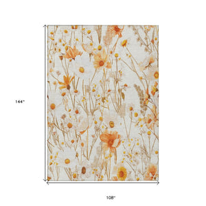 HomeRoots 5' Elegant Floral Area Rug - Ivory & Beige Washable Design for Indoor & Outdoor Spaces, Durable Style 9' X 12' 611148