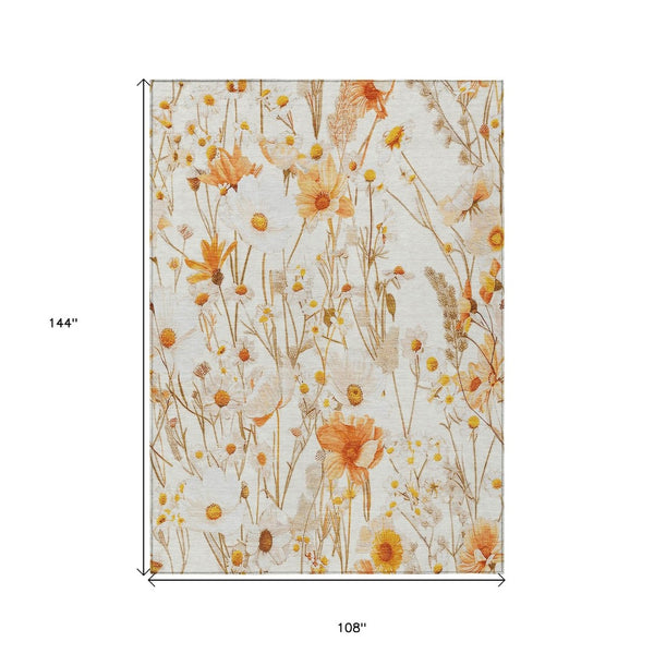 HomeRoots 5' Elegant Floral Area Rug - Ivory & Beige Washable Design for Indoor & Outdoor Spaces, Durable Style 9' X 12' 611148